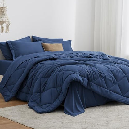 Love's cabin Twin XL Comforter Set Dark Blue, 5 Pieces Twin XL Bed in a Bag, All Season Bedding Sets with 1 Comforter, 1 Flat Sheet, 1 Fitted Sheet, 1 Pillowcase and 1 Pillow Sham