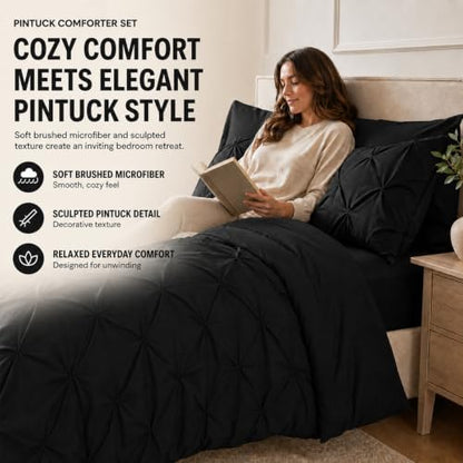 HIMEET King Size Comforter Set Black - 7 Pieces Pintuck Bed in a Bag