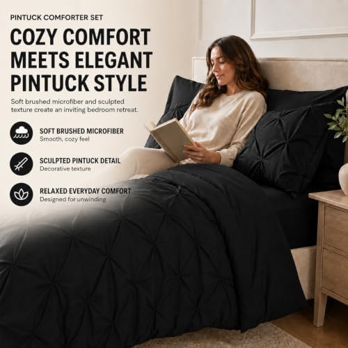 HIMEET Queen Comforter Set Black - 7 Pieces Pintuck Bed in a Bag
