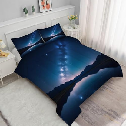 Galaxy Comforter Set Twin Size Space Bedding for Kids Girls Boys Water Lake Night Stars Moon Bedroom Decor Quilt Bed Sets, 1 Comforter 1 Pillowcase