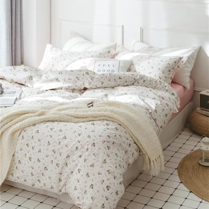Girls Floral Comforter Set Twin XL Garden Flower Print Bedding Sets Soft Fluffy Vintage Pink White Floral Bedding Comforter Set Cottagecore Botanical Flowers Comforter with 2 Pillowcases Twin XL Size