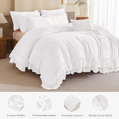 Masaca Ruffle Comforter Full Size,3 Pieces Farmhouse Shabby Boho Chic Bedding Sets Full,Netural White Ruffled Vintage Rustic French Country Bedding Comforter Set for All Season