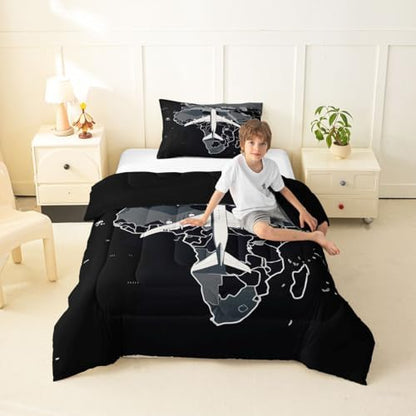 Erosebridal Airplane Toddler Comforter Set Aircraft Bedding Set Gradient Gray World Map Comforter for Kids Boys Girls Modern Transportation Plane Quilt Duvet
