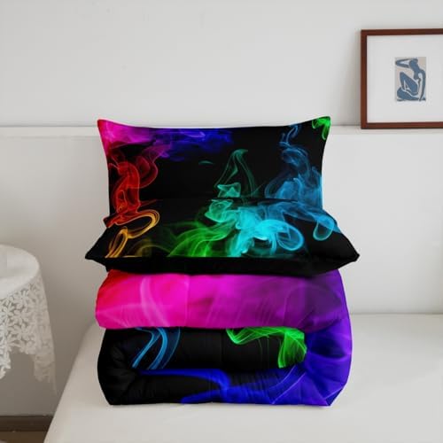 Erosebridal Psychedelic Smoke Comforter Set King,Rainbow Smoke Bedding Set Trippy Smoky Down Comforter for Kids Boys Girls Teens,Abstract Grunge Teal Blue Quilt Duvet Set Bedroom Decor 3 Pcs