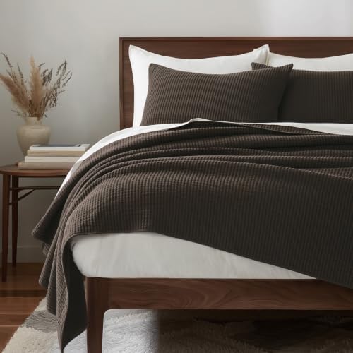 EVERGRACEHOME Cotton Ribbed Matelassé Coverlet Set, Queen Size, Dark Brown