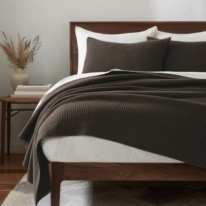 EVERGRACEHOME Cotton Ribbed Matelassé Coverlet Set, Queen Size, Dark Brown