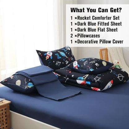 JQinHome Full Space Comforter Set for Kids,6 Piece Bed in A Bag 3D Galaxy Space Rocket Planets Bedding Set for Teens Boys Girls with Pillowcases,Flat Sheet,Fitted Sheet,Cushion Cover