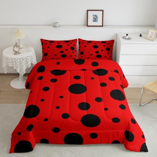Cute Ladybug Kids Comforter Set King Size,Geometric Polka Dot Patchwork Abstract Bedding Set,Girls Boys Room Decor,Ladybird Beetle Insect Quilt Comforter,Red Black Chic Duvet Insert,2 Pillowcases
