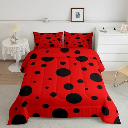Cute Ladybug Kids Comforter Set King Size,Geometric Polka Dot Patchwork Abstract Bedding Set,Girls Boys Room Decor,Ladybird Beetle Insect Quilt Comforter,Red Black Chic Duvet Insert,2 Pillowcases