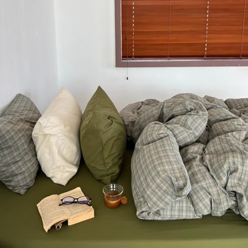 mixinni Vintage Green Buffalo Plaid Duvet Cover Set King Size - 3 Piece Mid-Century Washed Cotton Bedding Set with Grid Pattern, Ultra Soft & Breathable Duvet Cover with Pillowcases for All Seasons
