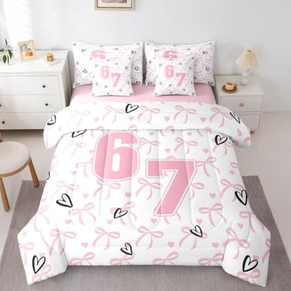Erosebridal 67 Funny Number Print Full Comforter Set with Sheets for Kids Girls Cute Pink Bow Bedding Set 7 Piece Six Seven Bowknot Bed in A Bag Dreamy Princess Sheet with Comforter
