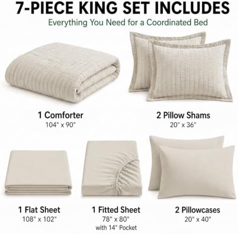 HIMEET King Comforter Set, 7-Piece Seersucker Bed in a Bag, Beige