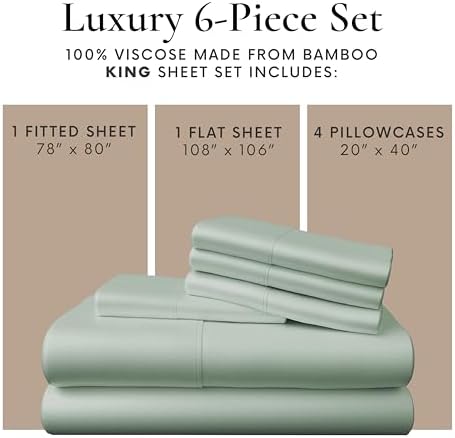 Bamboo Bay 6 Piece King Size Sheet Set, 100% Viscose Made from Bamboo, Breathable, Ultra Soft Cooling Bed Sheets for Hot Sleepers, Beddings with Deep Pockets Fit 16" Mattress, Sage Green