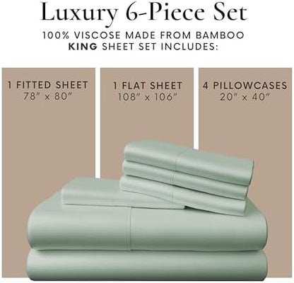 Bamboo Bay 6 Piece King Size Sheet Set, 100% Viscose Made from Bamboo, Breathable, Ultra Soft Cooling Bed Sheets for Hot Sleepers, Beddings with Deep Pockets Fit 16" Mattress, Sage Green