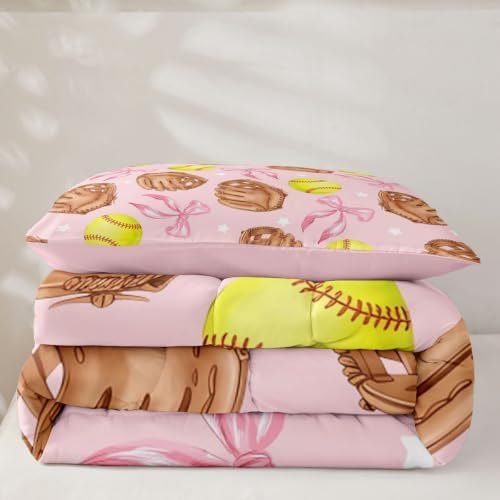 Cartoon Baseball Comforter Set Twin Size,Pink Silk Bow Print Bedding Sets 2Pcs for Kids Girls Boys Teens Room Decor,Coquette Little Star Duvet Insert Brown Baseball Gloves Down Comforter,1 Pillowcase