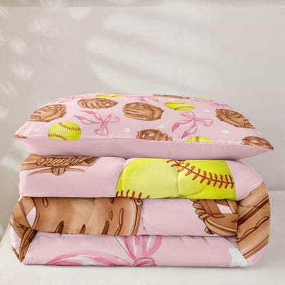Cartoon Baseball Comforter Set Twin Size,Pink Silk Bow Print Bedding Sets 2Pcs for Kids Girls Boys Teens Room Decor,Coquette Little Star Duvet Insert Brown Baseball Gloves Down Comforter,1 Pillowcase