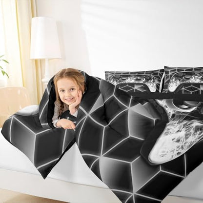 Grey Gamer Comforter Sets for Boys Gamer Gifts,Neon Geometric Boys Comforter Set Full Size,3D Geometric Full Size Bedding for Flame Gaming Consoles Room Decor