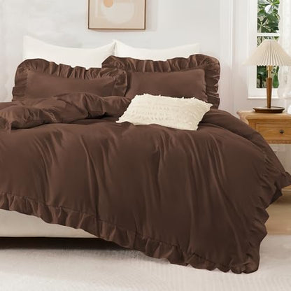 Andency Brown Ruffle Duvet Cover King, Shabby Chic Farmhouse Bedding Set
