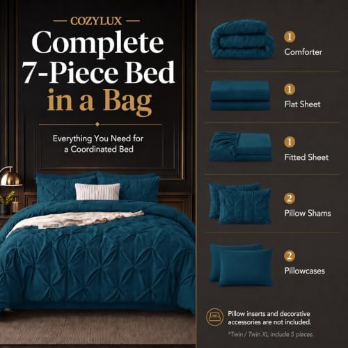 CozyLux Oversized Queen Comforter Set Lyons Blue, 7 Pieces Bed in a Bag
