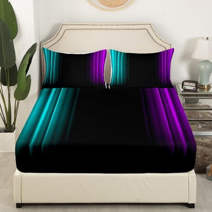 Feelyou Teens Abstract Ombre Decorations Bedding Set for Kids Women Teal Purple and Black Bed Sheets Set Geometric Modern Fitted Sheet Sets Room 4Pcs King Size