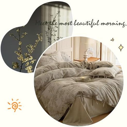 VM VOUGEMARKET Linen Cotton Duvet Cover Set King Retro Monet Flower Fall Bedding Set,Jacquard Yarn-Dyed Textured Comforter Cover with Bowknot-104 x90,Khaki