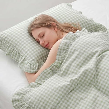 Nayoroom Green Ruffle Gingham Comforter Set Queen Plaid Checkered Bedding
