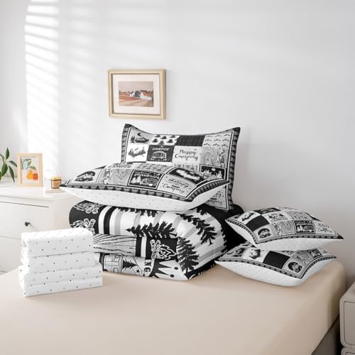 Erosebridal 7 Piece Kids Camping Themed King Bedding Set,Rv Camper Comforter Set with Sheets for Bunk Travel Trailer,Woodland Pine Tree Bed Set,Black Grey Buffalo Plaid Bed in a Bag with Pillowcases