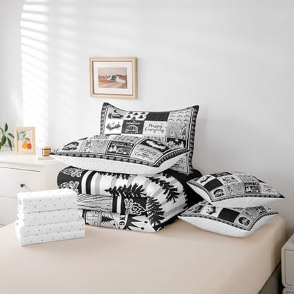 Erosebridal 7 Piece Kids Camping Themed King Bedding Set,Rv Camper Comforter Set with Sheets for Bunk Travel Trailer,Woodland Pine Tree Bed Set,Black Grey Buffalo Plaid Bed in a Bag with Pillowcases
