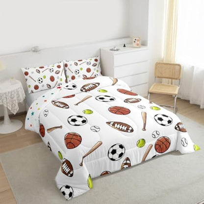 jejeloiu Ball Games Bedding Set for Boys Girls, Basketball Soccer Baseball Football Comforter Set Full Size Gaming Sports Duvet Quilt Microfiber Sports Theme Bedroom Decor 3 Pcs with 2 Pillow Cases
