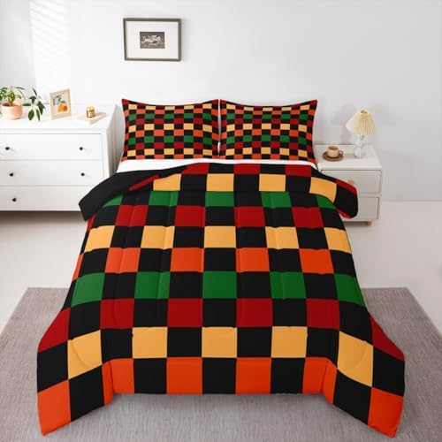 Feelyou Checkered Retro Comforter Set All Season Geometric Vintage Bedding Set with 1 Pillow Cases Red Green Orange Kids Twin Bedclothes Modern Groovy Aesthetic Bedroom Decor Duvet Quilt