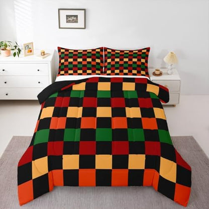 Feelyou Checkered Retro Comforter Set All Season Geometric Vintage Bedding Set with 1 Pillow Cases Red Green Orange Kids Twin Bedclothes Modern Groovy Aesthetic Bedroom Decor Duvet Quilt