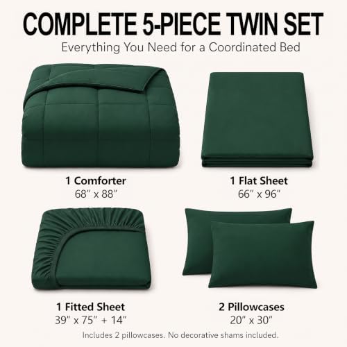 CozyLux Twin Comforter Set Emerald Green - 5 Pieces Bed in a Bag