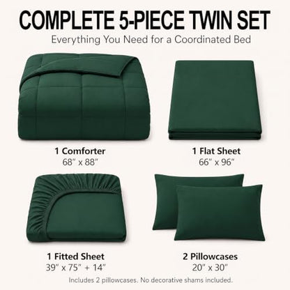 CozyLux Twin Comforter Set Emerald Green - 5 Pieces Bed in a Bag