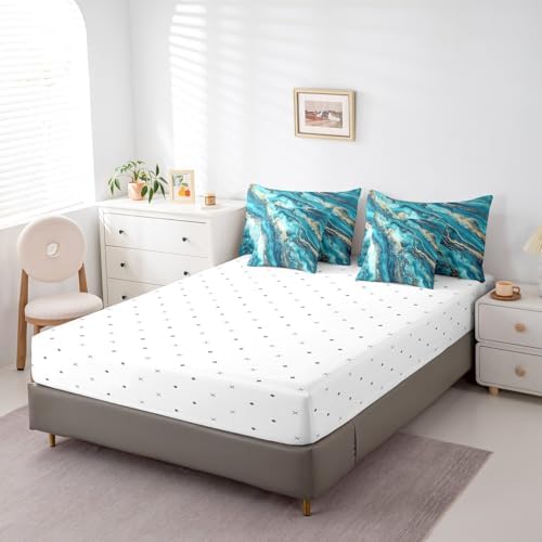 Erosebridal Teal Tie Dye Bedding Set for Kids Teens,Gradient Marble Texture Comforter Set Twin Size,Abstract Art (Comforter+Fitted+Flat Sheet+2 Pillowcases+2 Throw Pillow Covers) 7 Pieces Bed Set