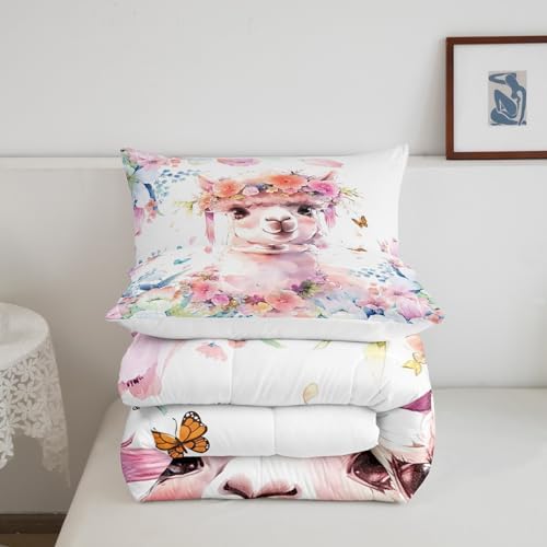 Feelyou Cute Llama Comforter Set King Size Kids Cartoon Animal Comforter for Boys Girls Teens Flower Floral Print Bedding Set Farm Zoo Garden Theme Duvet Set Room Decor Quilt Set