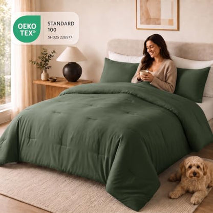 CozyLux Full Comforter Set, 3 Pieces Down Alternative Bedding, Dark Green