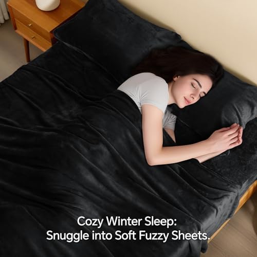 BEDELITE Flannel Sheets King Size, Black, 4 Pieces