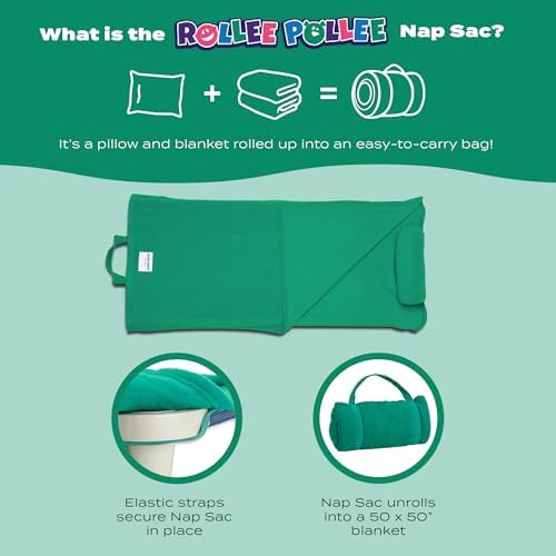 ROLLEE POLLEE Nap Sac Roll Up Napping Blanket with Attached Pillow for Preschool/Daycare, Super Soft with Elastic Straps, Fits Most Mats and Cots