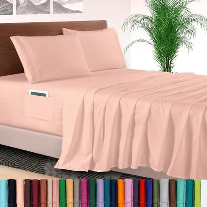 Elegant Comfort 4-Piece Bed Sheet Set - Luxury Bedding 1500 Premium Hotel Quality Microfiber, All Around Elastic 18-24 Inches Deep Fitted Sheet- Extra Deep Pocket Sheets, California King, Blush Pink