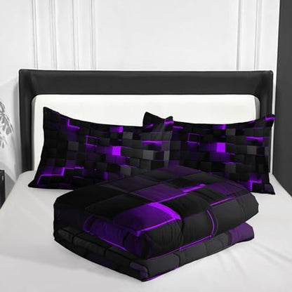 Geometric Violet Black Comforter Set,Light Honeycomb 3 Piece Bedding Set King Size for Teen Boys,Modern Bedding Quilt Set Geometry Decor,Microfiber Lightweight 1 Comforter 2 Pillowcases All Season