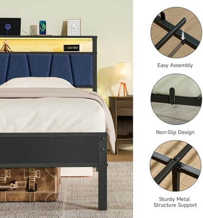 Z-hom Easy Assembly Twin Bed Frame with Charging Station&LED Light
