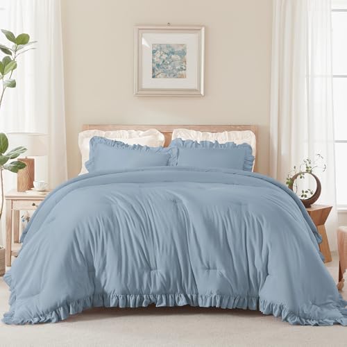 Andency Grayish Blue Ruffle Comforter Twin Size, 2 Pieces Soft Bed Set