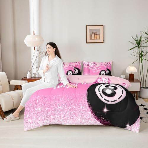 Erosebridal Pink Leopard Bow Girls Twin Bedding Set 7 Piece Preppy Fashion Y2K Comforter Set Cheetah Print Lucky 8 Ball Bed in A Bag with Sheets for Kids Teen Adults,Girly Coquette Y2K Bed Set