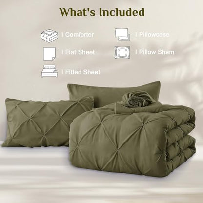 JOLLYVOGUE Twin Comforter Set 5 Pieces - Bed in a Bag Twin for All Season, Pintuck Bedding Comforter Sets with Comforter, Flat Sheet, Fitted Sheet and Pillowcases & Shams, Olive Green