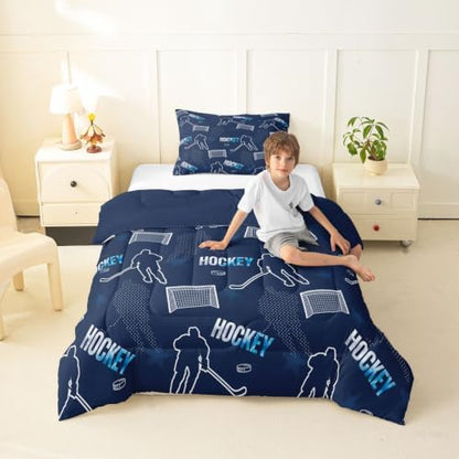 Ice Hockey Player Bedding Sets Twin Size,Modern Minimalist Trendy Sport Comforter Set 2Pcs for Kids Girls Boys Teens Room Decor,Navy Blue Quilted Duvet Athlete Silhouette Down Comforter,1 Pillowcase