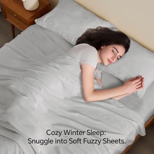 BEDELITE Flannel Sheets Queen Size, Light Grey, 4 Pieces