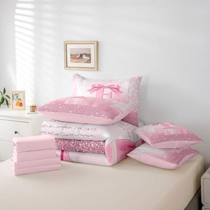 Feelyou Kids Pink Bowknot Comforter Set with Sheets Queen Size