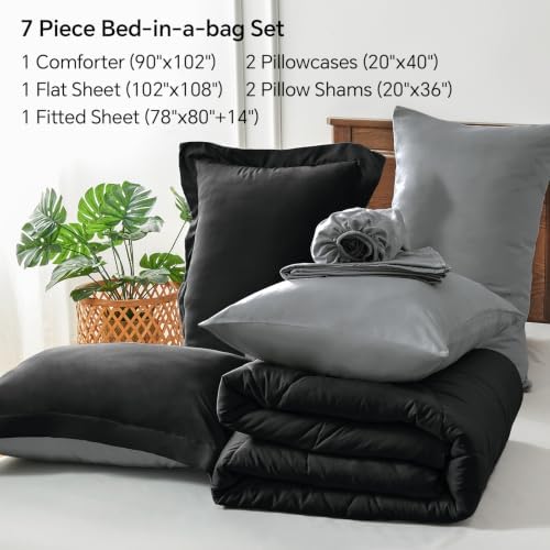 BEDELITE King Comforter Set 7 Pieces, Reversible Black Bed in A Bag