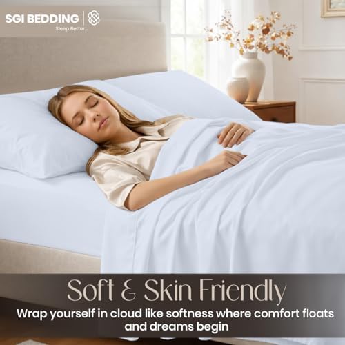 SGI bedding 100% Egyptian Cotton Sheets Full XL Size – Cooling Sheets, Soft Breathable Light Blue Bedding, Luxury Bedding, Luxury Hotel Sheet Set, Deep Pocket 16", 4 Piece Set