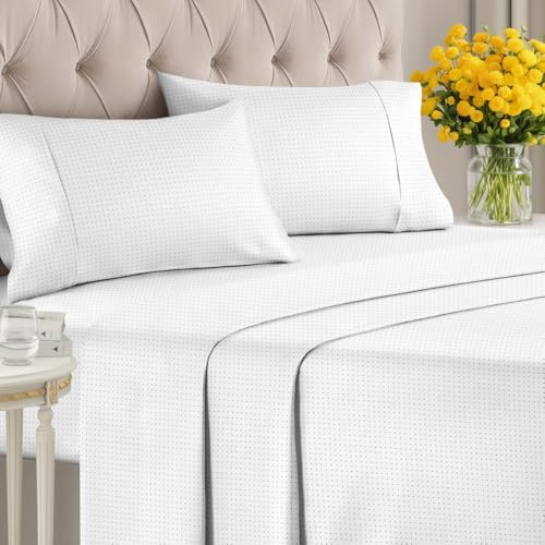 Cal King 4 Piece Striped Sheet Set - Breathable & Cooling - Light Blue Dots